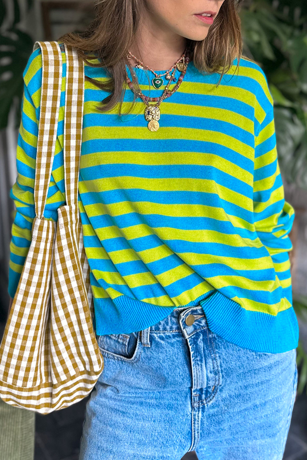 Green Stripe Crew Neck Drop Shoulder Casual Sweater - loveforevers