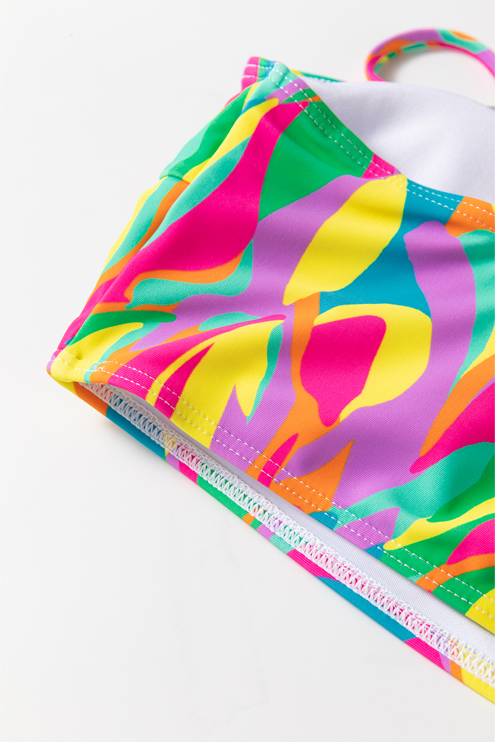 Multicolour Abstract Print Textured Spaghetti Strap High Waist Bikini Set - loveforevers