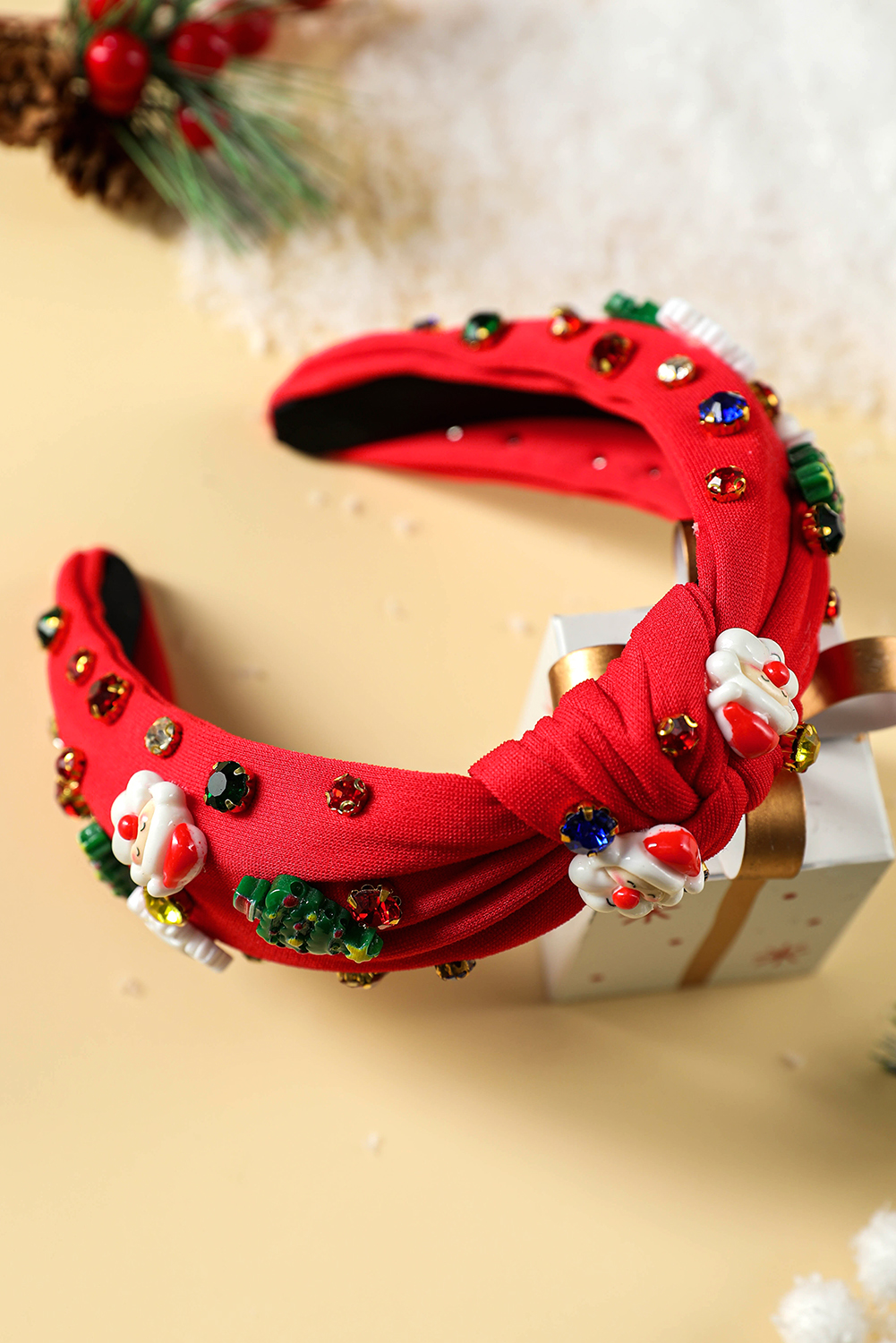 Fiery Red Cartoon Christmas Pattern Rhinestone Knotted Headband - loveforevers
