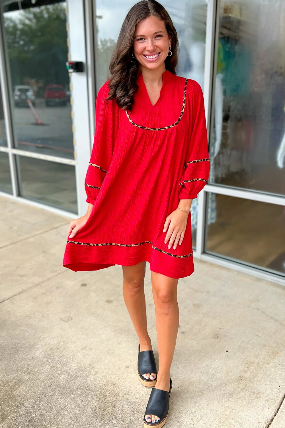 Fiery Red Textured V Neck Leopard Contrasted Trim Long Sleeve Shift Mini Dress - loveforevers