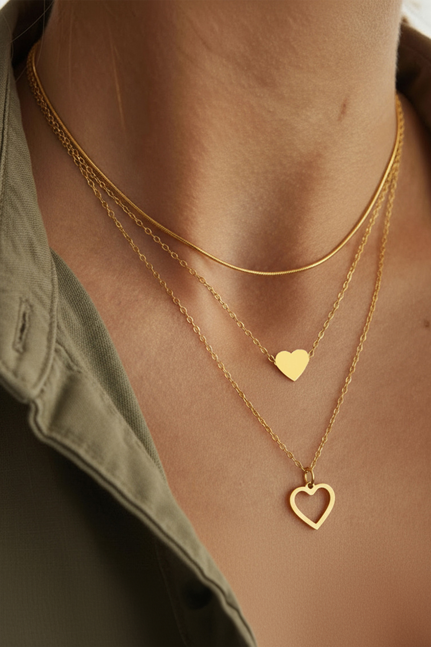 Gold Plated Triple Layered Heart Necklace Set - loveforevers
