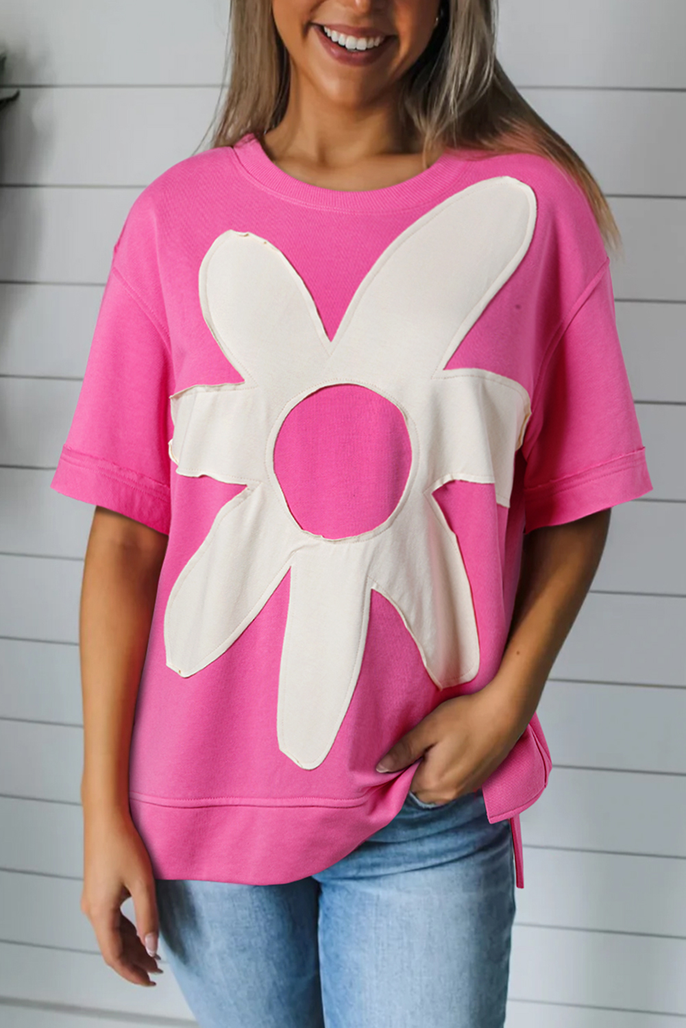 Sachet Pink Contrast Flower Drop Shoulder Loose T Shirt - loveforevers