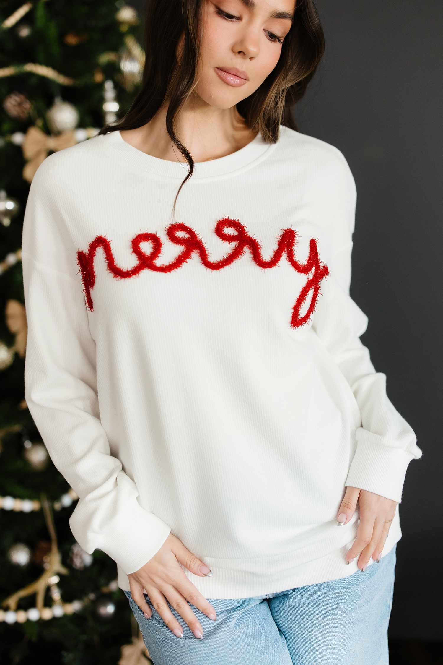 White Merry Tinsel Letter Embroidery Ribbed Drop Shoulder Sweatshirt - loveforevers