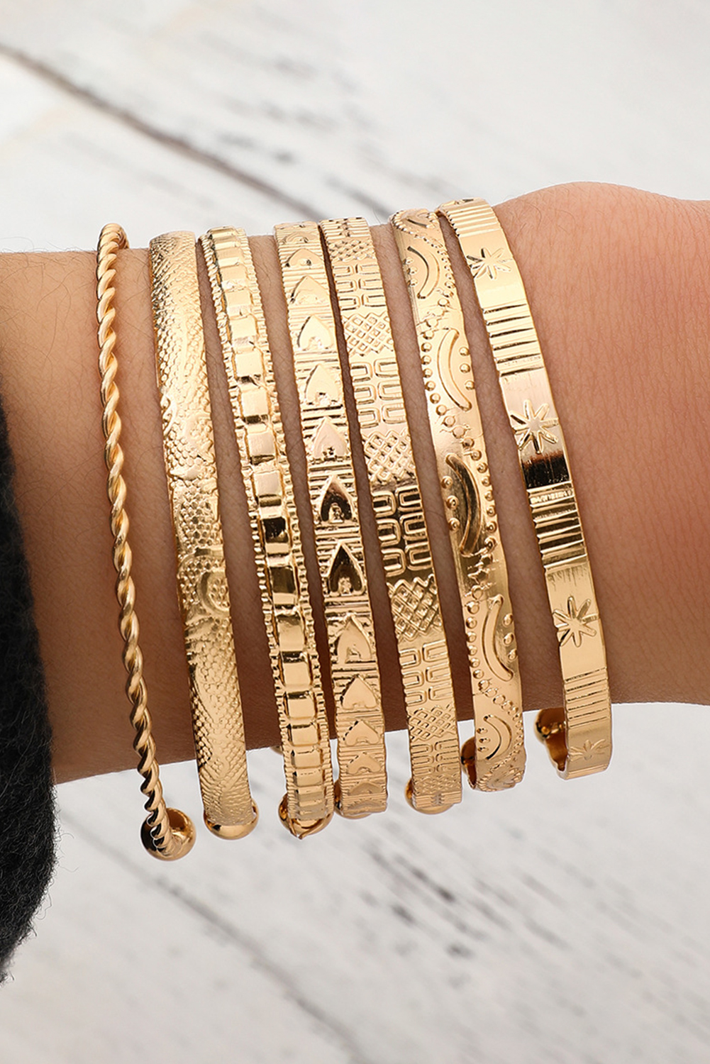 Gold 7pcs/set Textured Plated Open Alloy Bangle Set - loveforevers