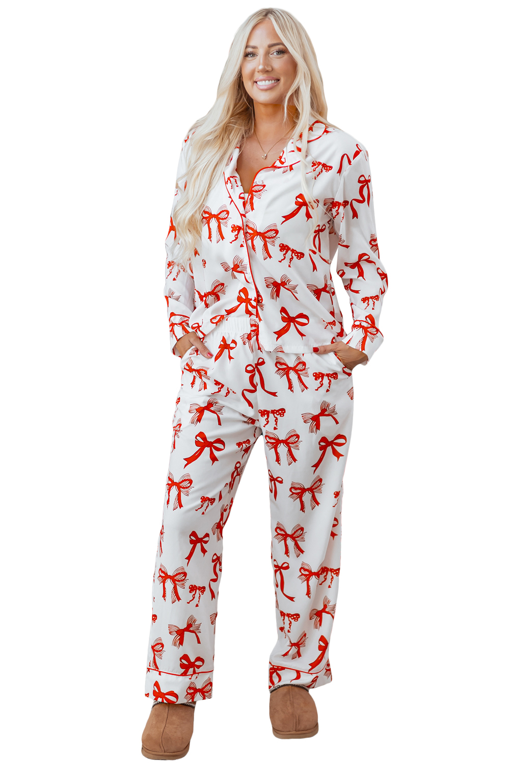 Red Christmas Bow Print Long 2pcs Pajama Set - loveforevers