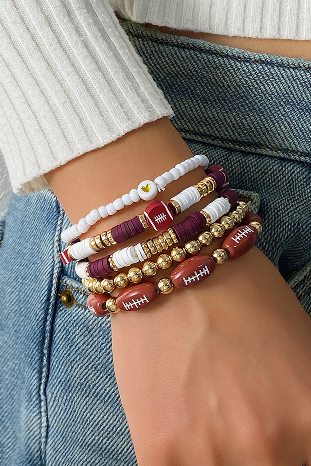 Red Dahlia 5pcs Football Beading Elastic Bracelet Set - loveforevers