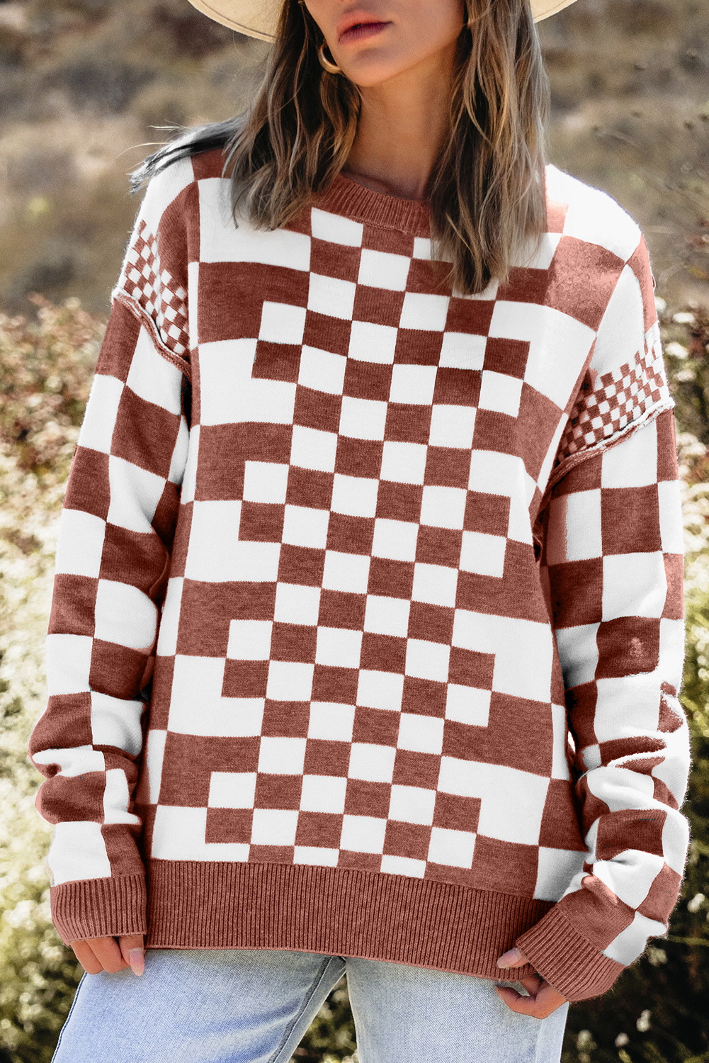 Khaki Checkered Print Drop Shoulder Round Neck Sweater - loveforevers