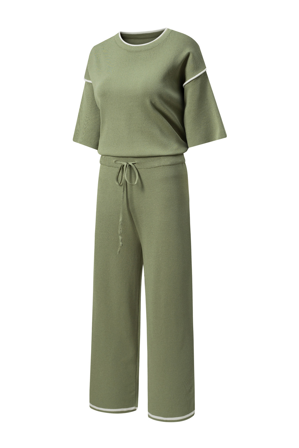 Blackish Green Contrast Trim Half Sleeve Top Drawstring Pants Loose 2pcs Sweater Suit - loveforevers