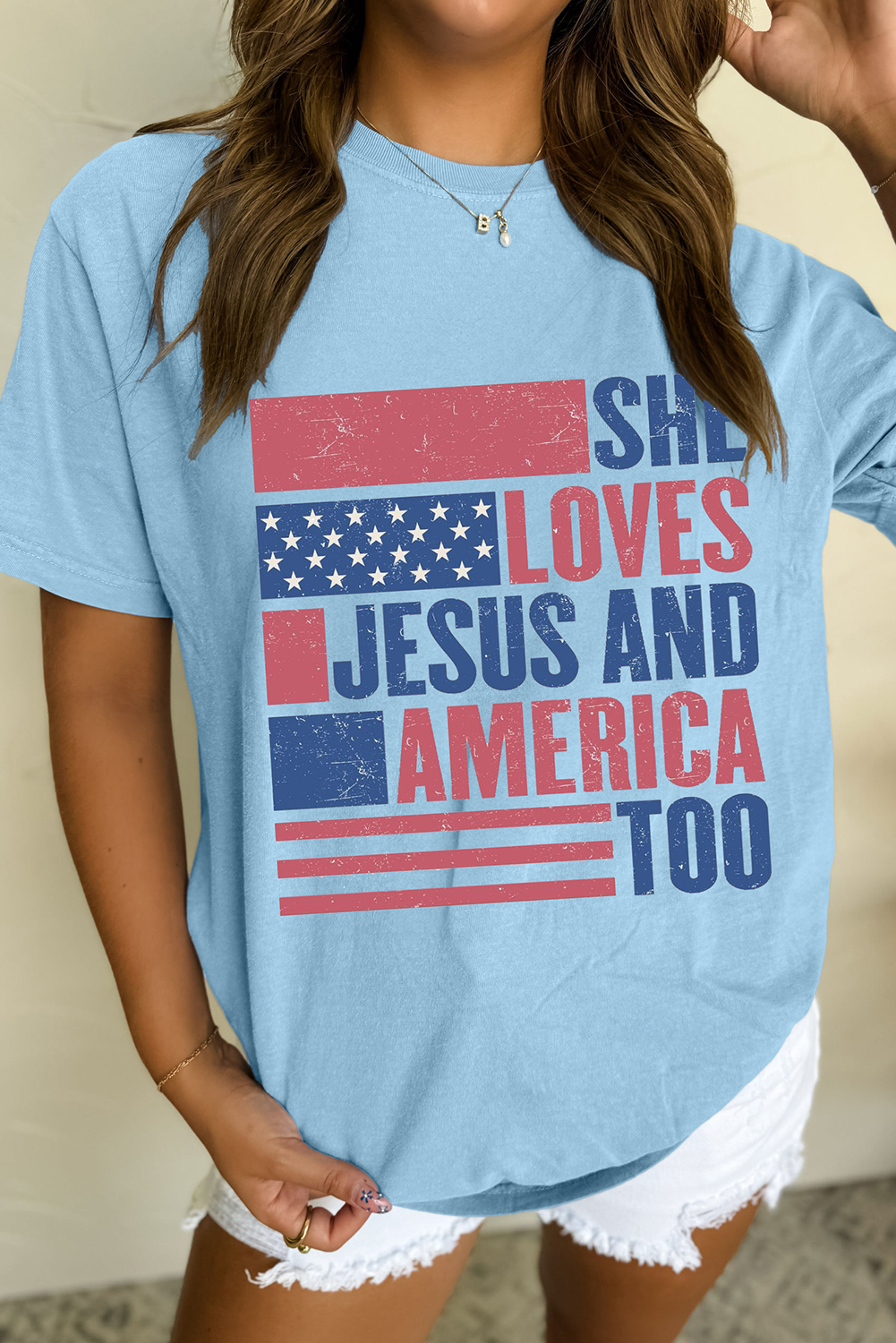 Light Blue SHE LOVES JESUS AND AMERICA TOO Flag Graphic T Shirt - loveforevers