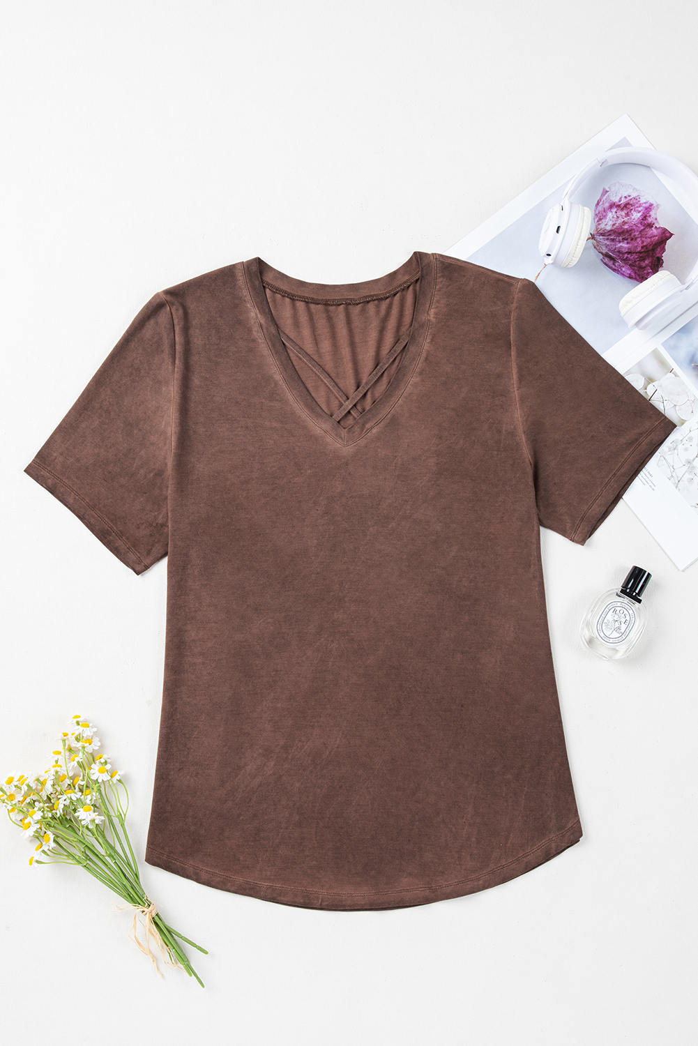 Chestnut Mineral Wash Criss Cross V Neck Casual T Shirt - loveforevers