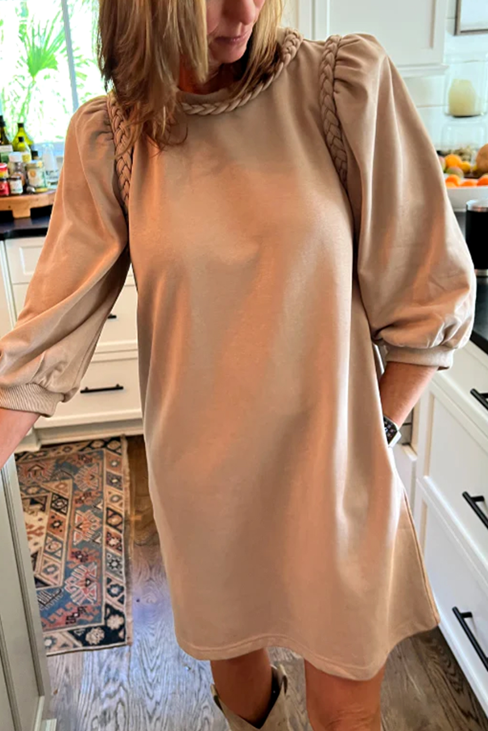 Light French Beige Braided Trim Puff Sleeve Dress - loveforevers