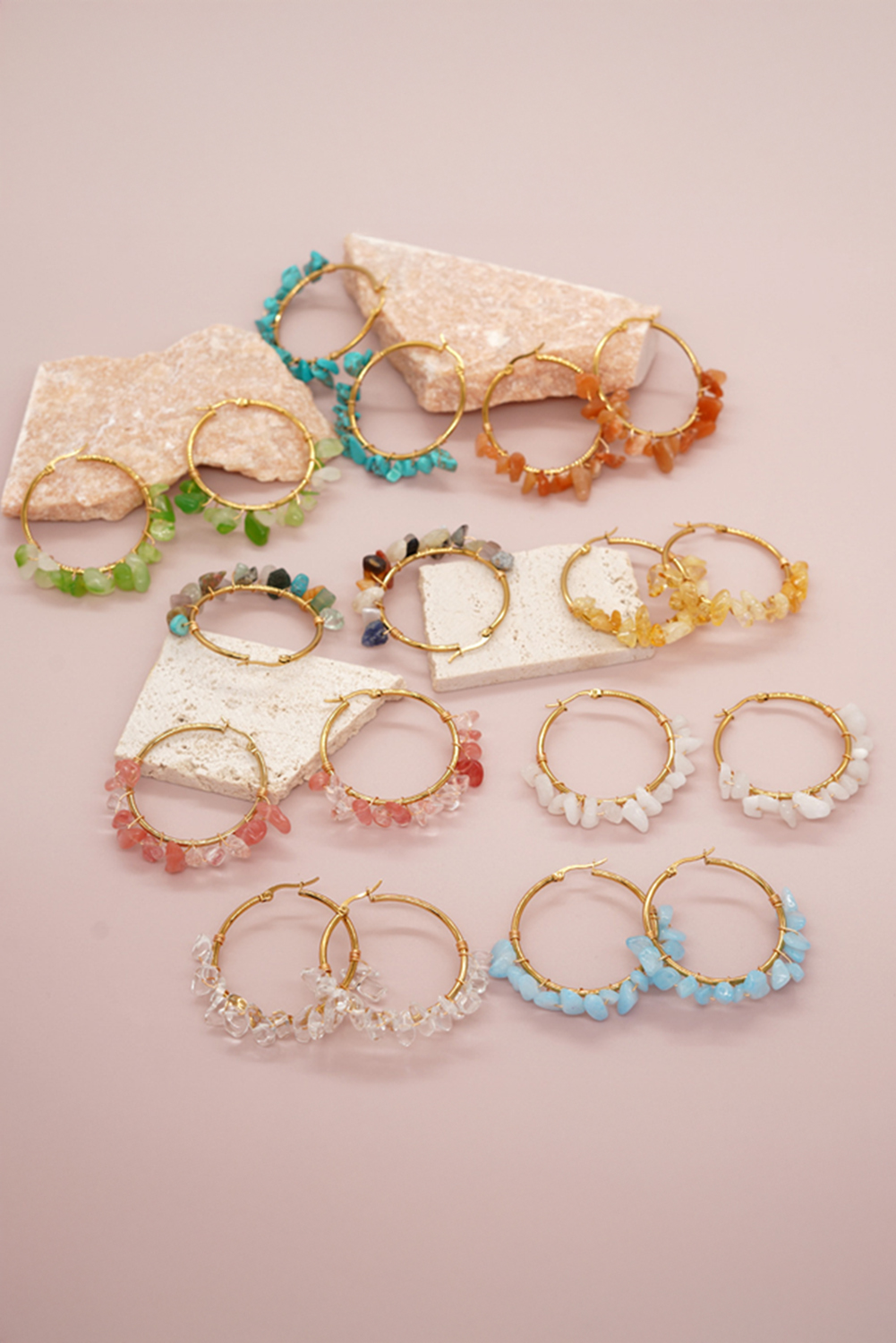 Turquoise Irregular Stone Beading Golden Plated Hoop Earrings - loveforevers