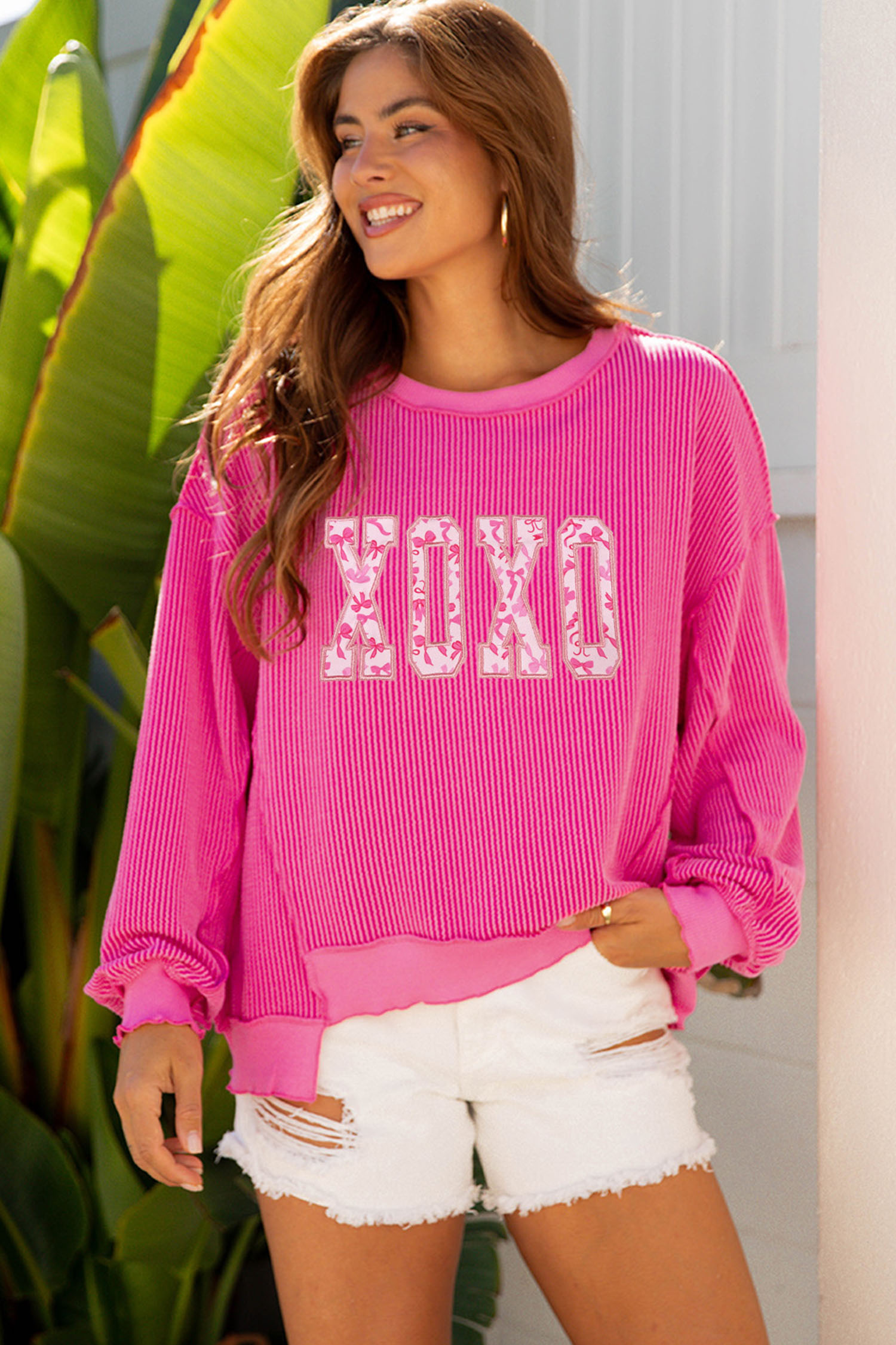 Strawberry Pink Twisted Ribbed Long Sleeve XOXO Bow Print Embroidered Patch Graphic Top - loveforevers