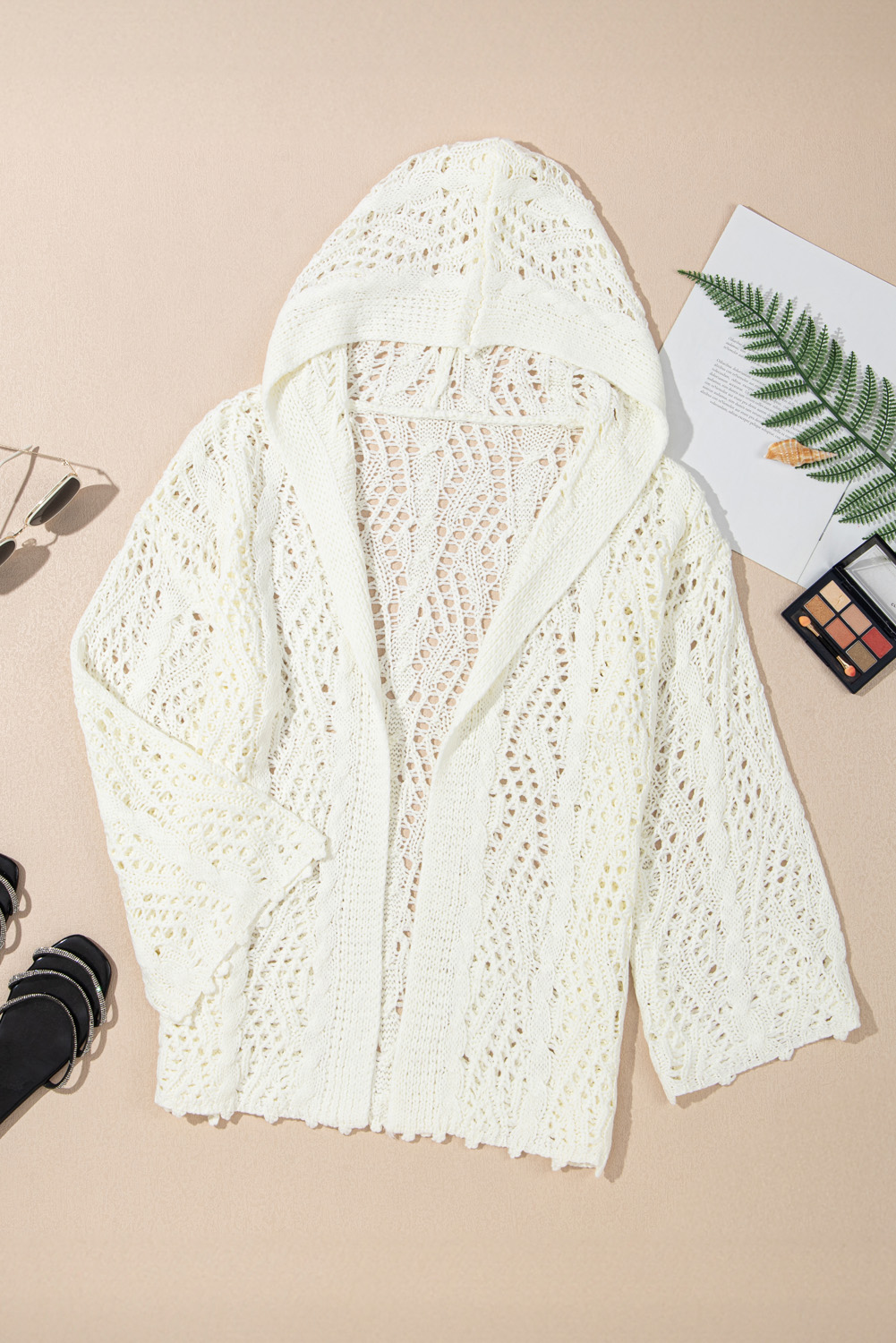 White Fashion Open Knit Hooded Beach Cover Up - loveforevers