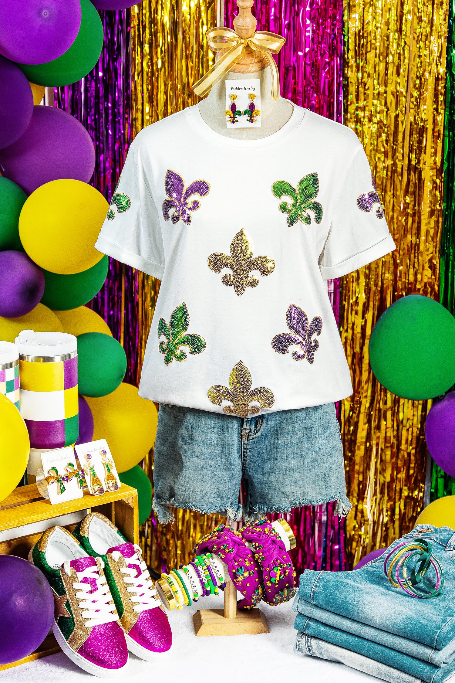 White Mardi Gras Fleur De Lis Sequin Graphic T Shirt - loveforevers