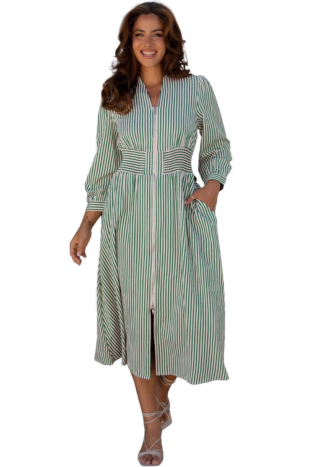 Coffee Plaid Print Full Zipper Cinched Waist Fit Flare Sleeveless Maxi Dress - loveforevers