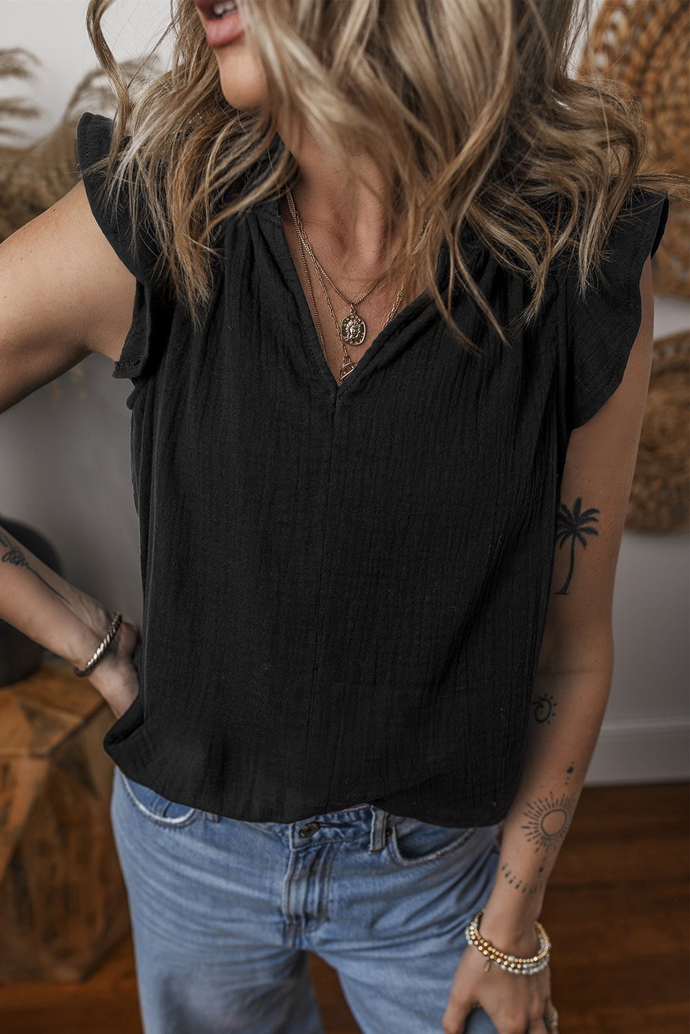 Black Ruffled Shoulder V Neck Shift Tank Top - loveforevers
