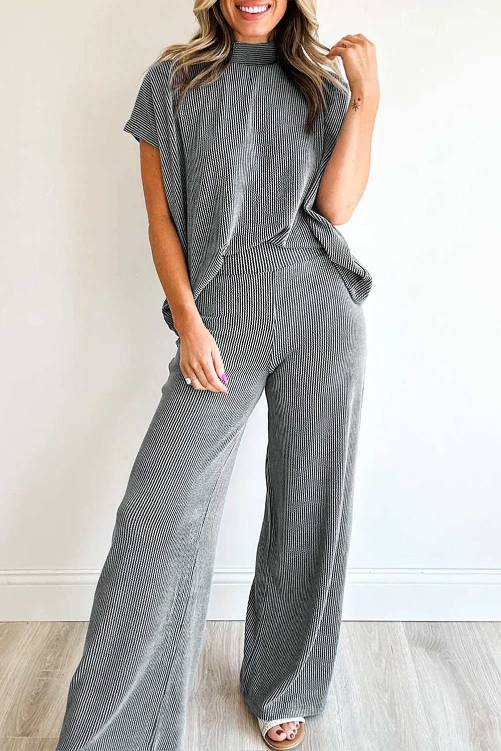 Dark Grey Twisted Ribbed High Neck Loose Tee Elastic High Waist Loose Pant Set - loveforevers
