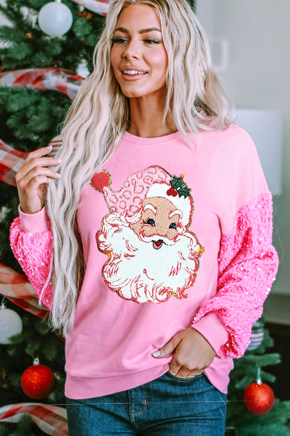 Pink Shiny Father Christmas Graphic Sequin Long Sleeve Top - loveforevers