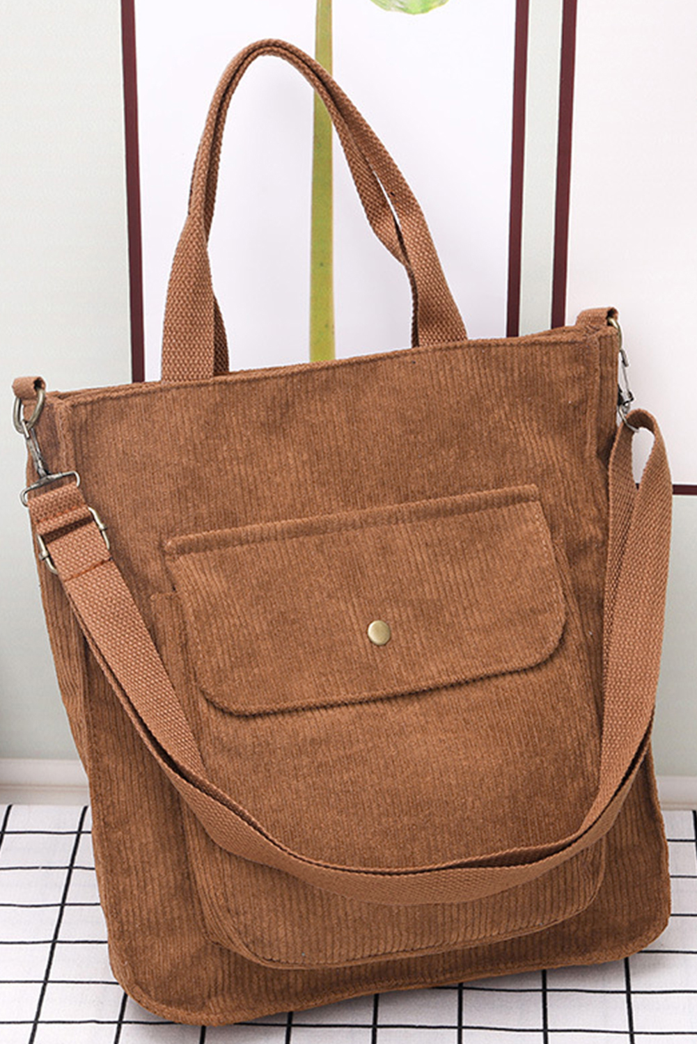 Chestnut Detachable Shoulder Strap Large Corduroy Bag - loveforevers