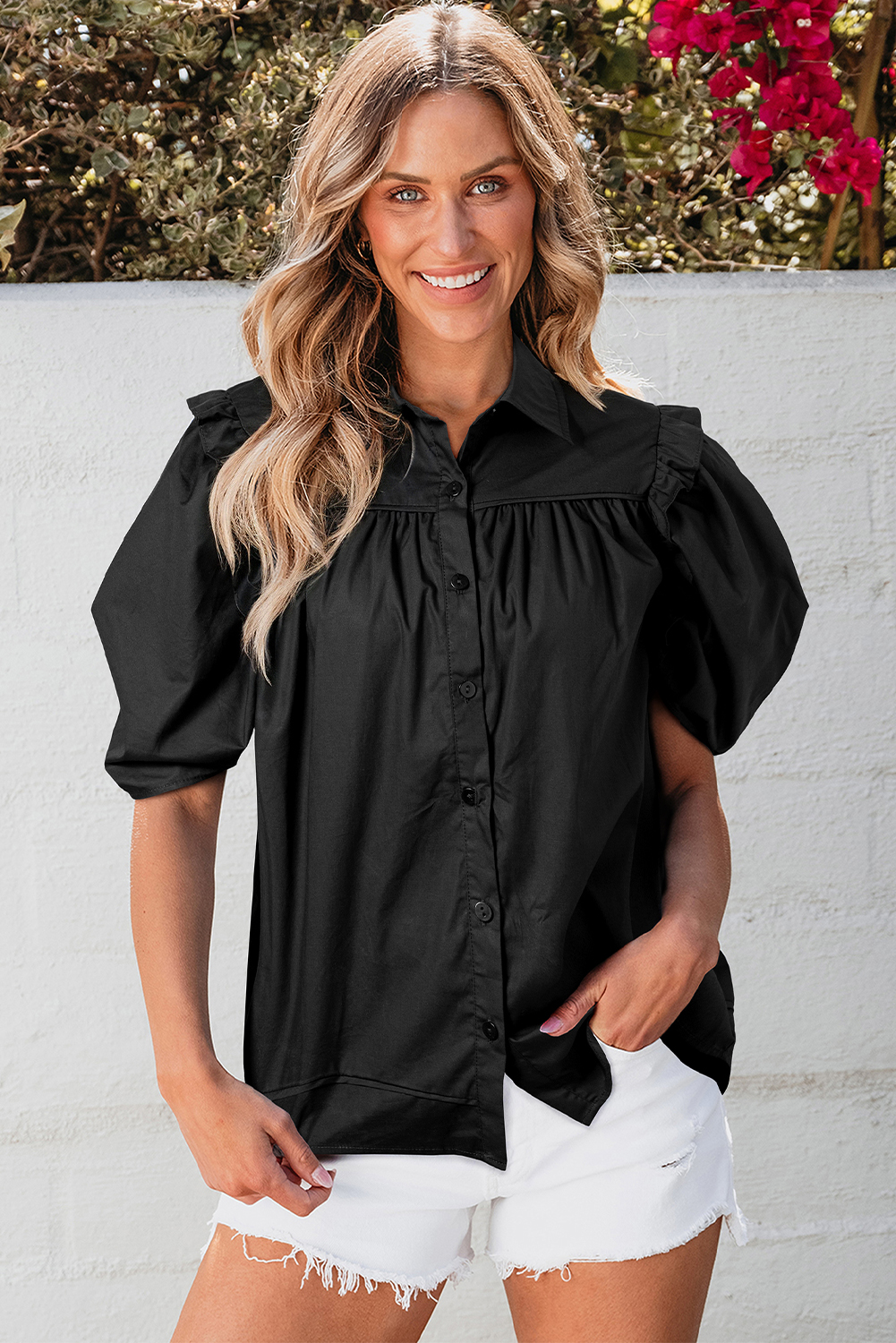 Black Crisp Puff Sleeve Loose Shirt - loveforevers