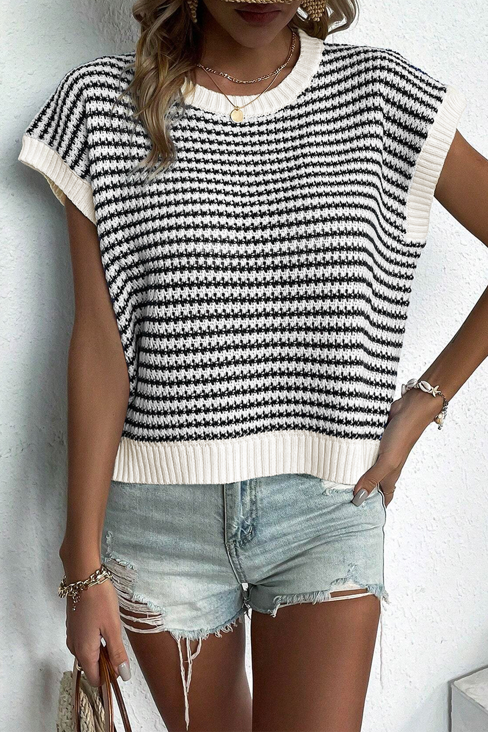 Blue Stripe Ribbed Trim Loose Fit Knitted Sweater Vest - loveforevers