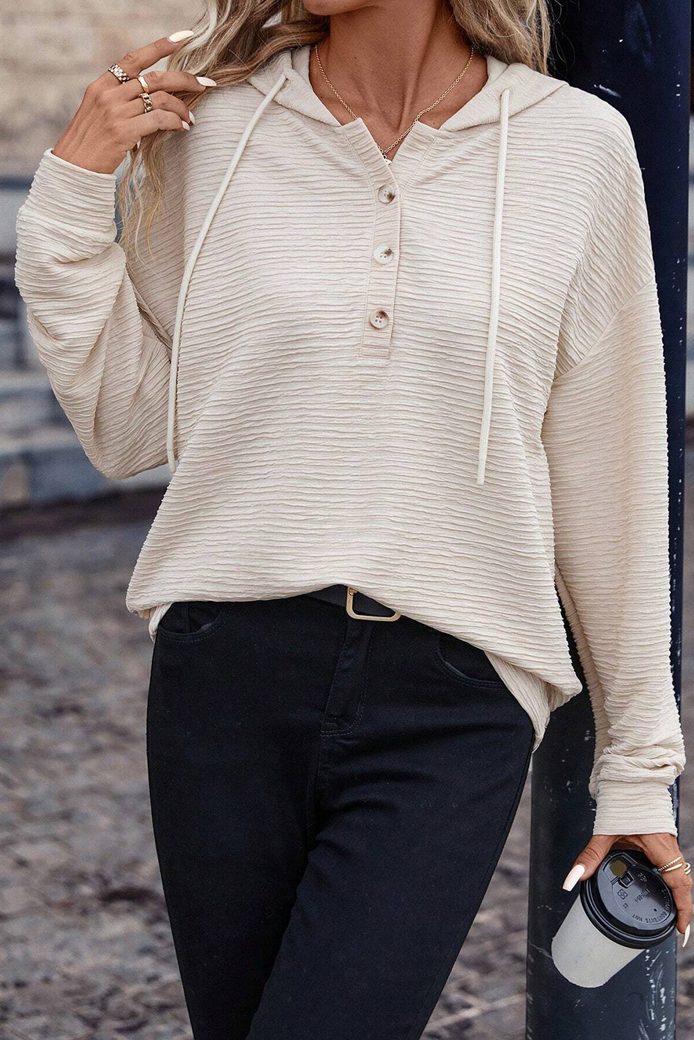 Apricot Solid Textured Drawstring Henley Hoodie - loveforevers