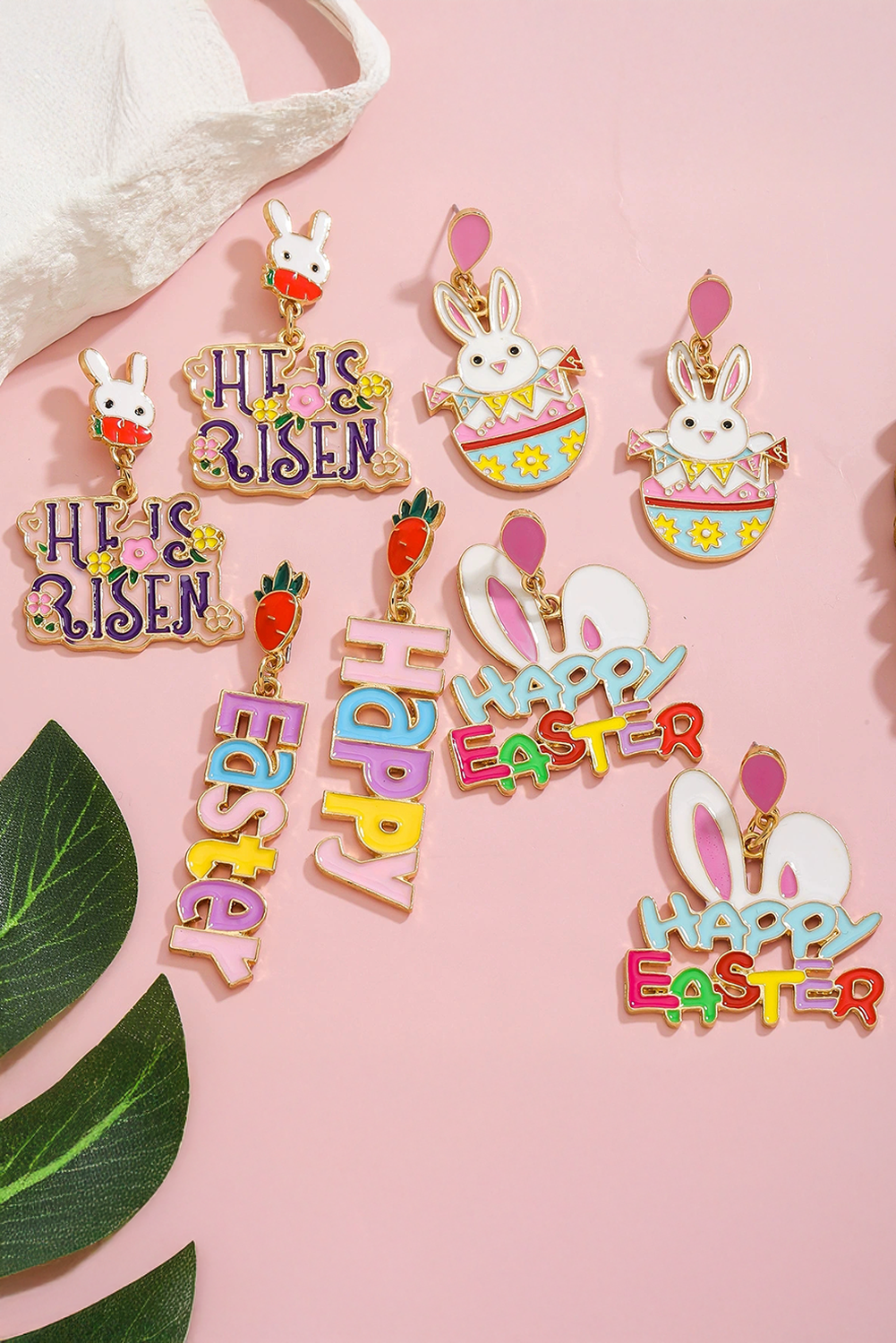 Pink Happy Easter Bunny Ear Pattern Stud Dangle Earrings - loveforevers