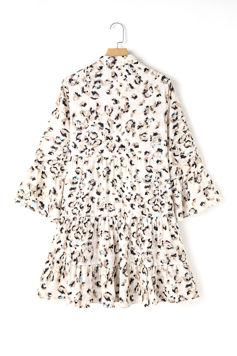 Khaki Leopard Print Buttoned Front 3/4 Sleeve Tiered Ruffled Hem Dress - loveforevers