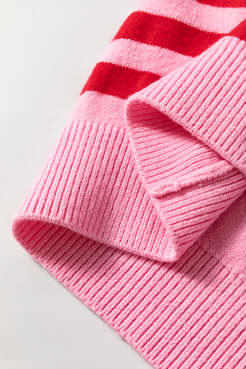 Pink Stripe Bubble Sleeve Drop Shoulder Ribbed Trim Sweater - loveforevers