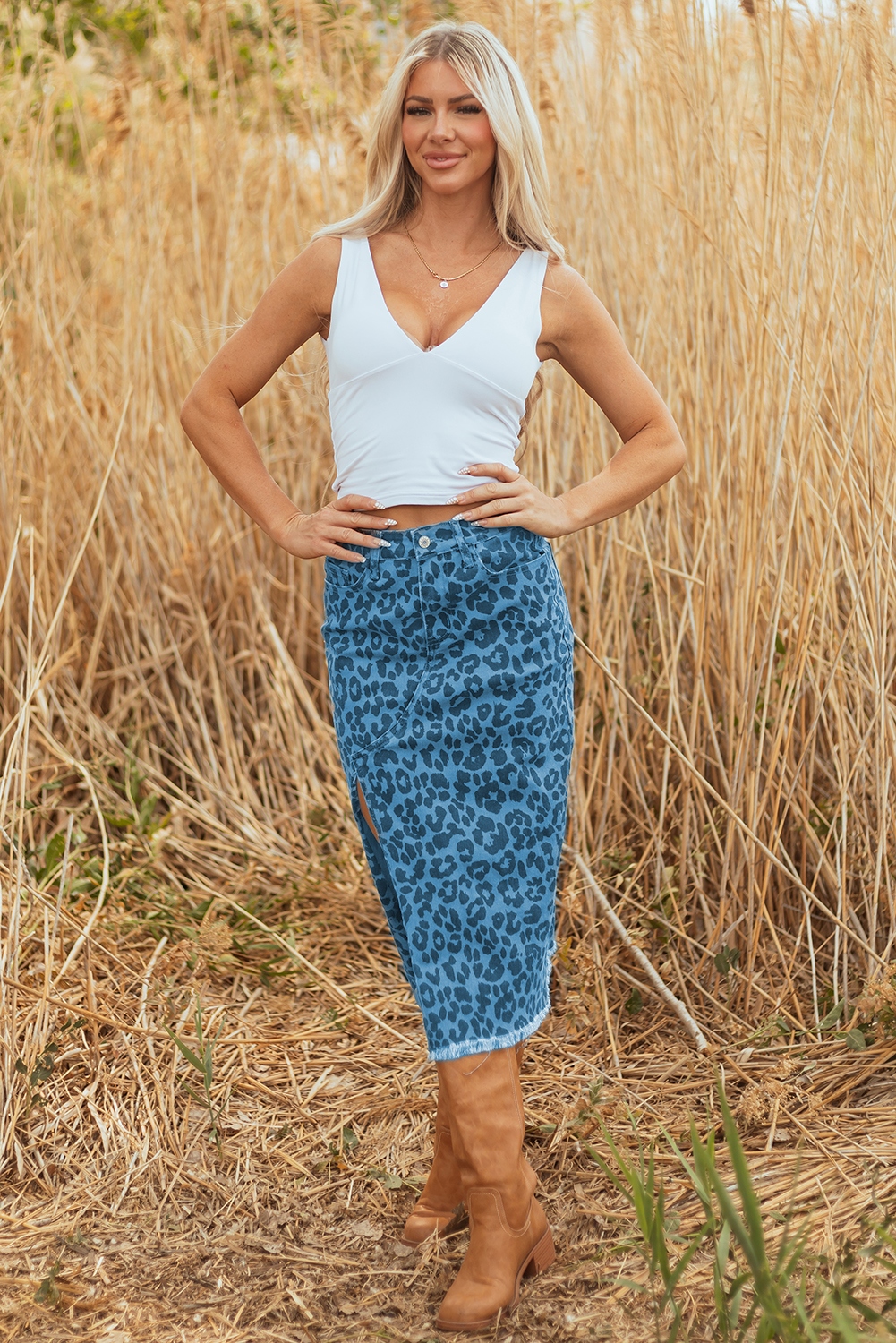 Brown Leopard Denim Frayed Split Denim Midi Skirt - loveforevers