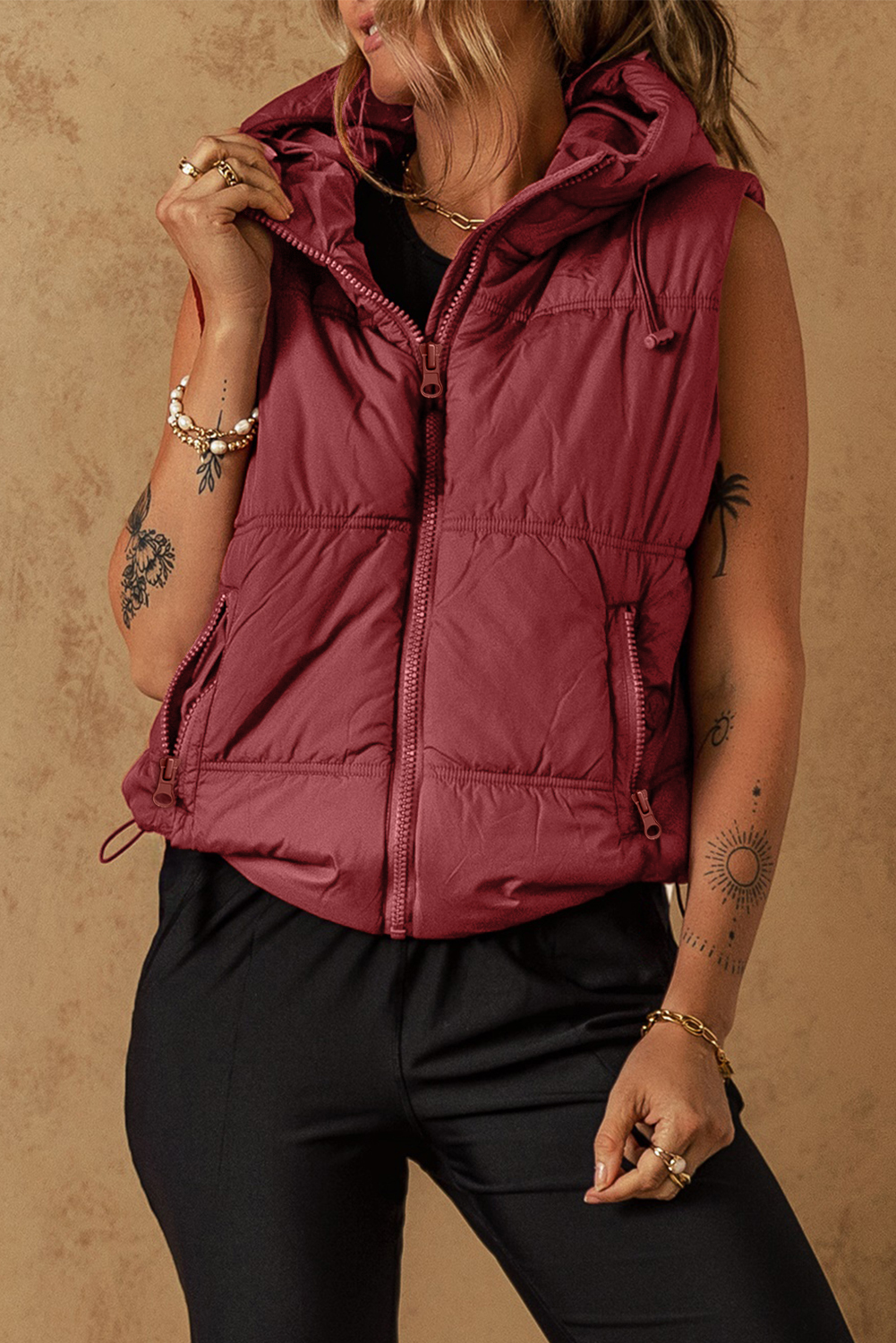 Clay Zip-up Side Pockets Hooded Puffer Vest - loveforevers