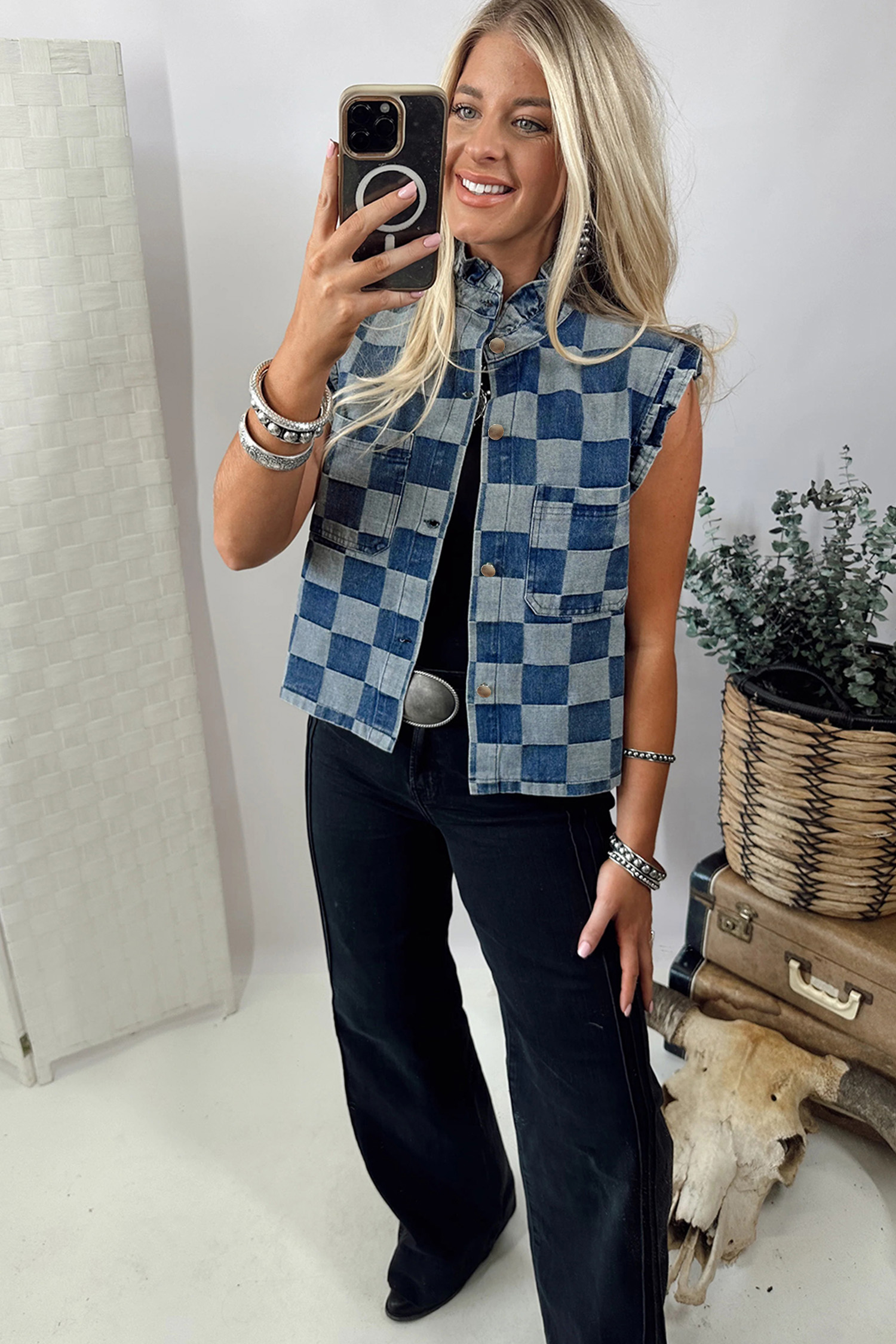 Beau Blue Checkered Ruffle Trim Button Down Denim Vest - loveforevers