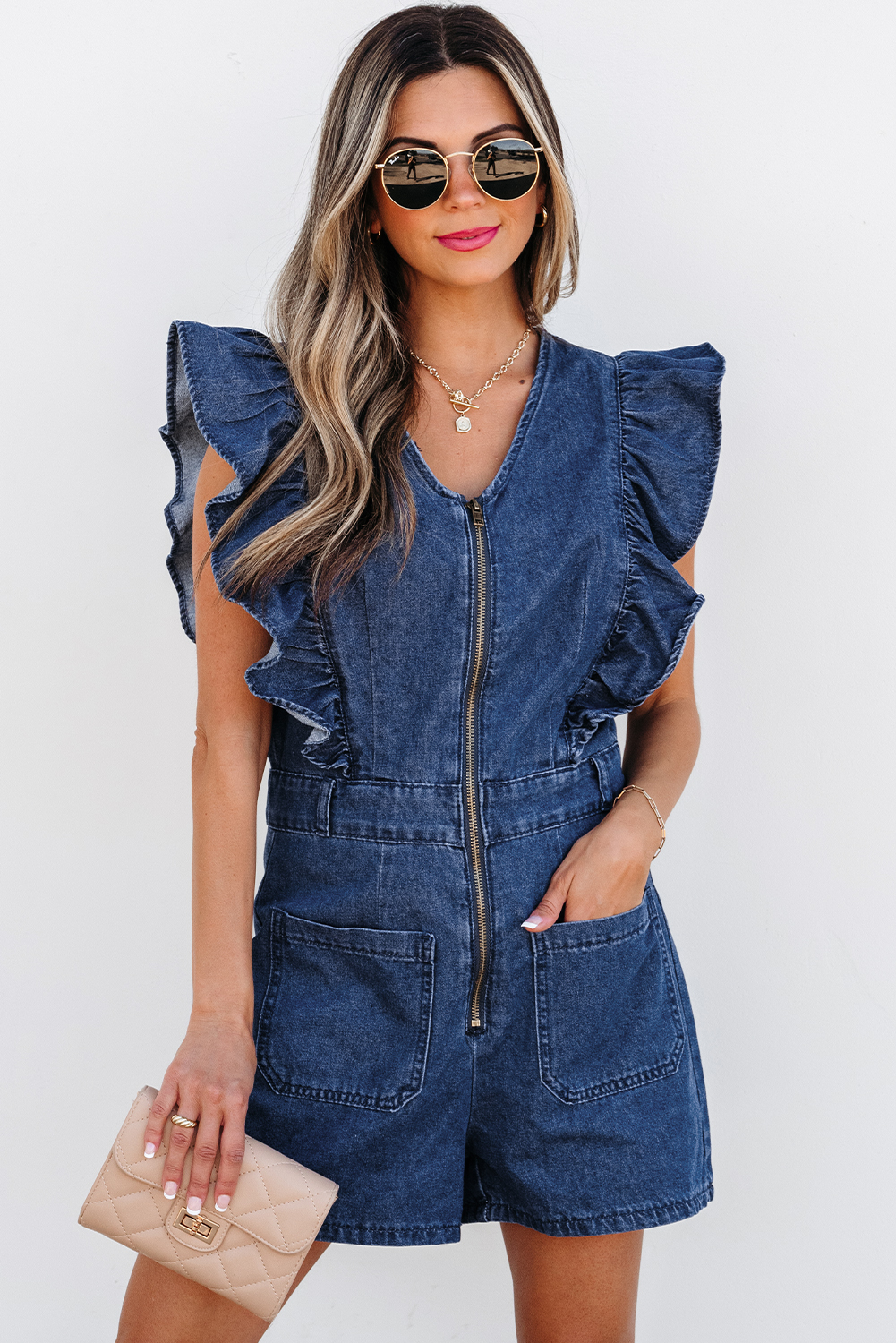 Sail Blue Denim Ruffled Zipped Front Belted Romper - loveforevers