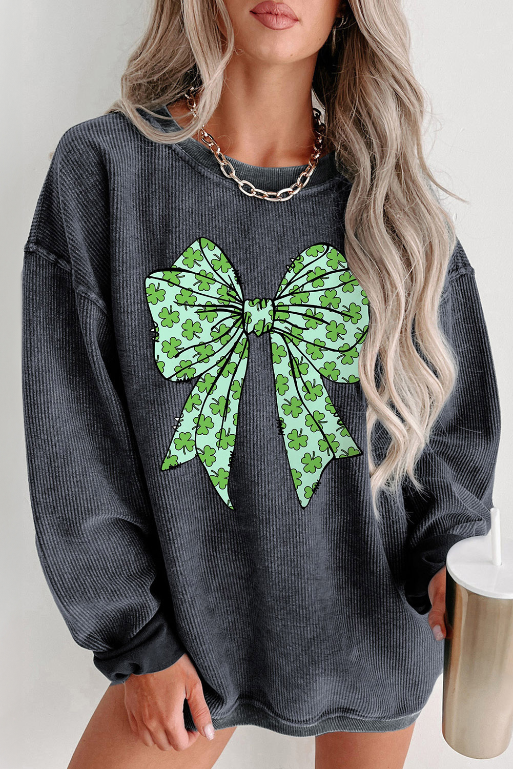 Gray Clover Bowknot Graphic Corded Pullover Sweatshirt - loveforevers