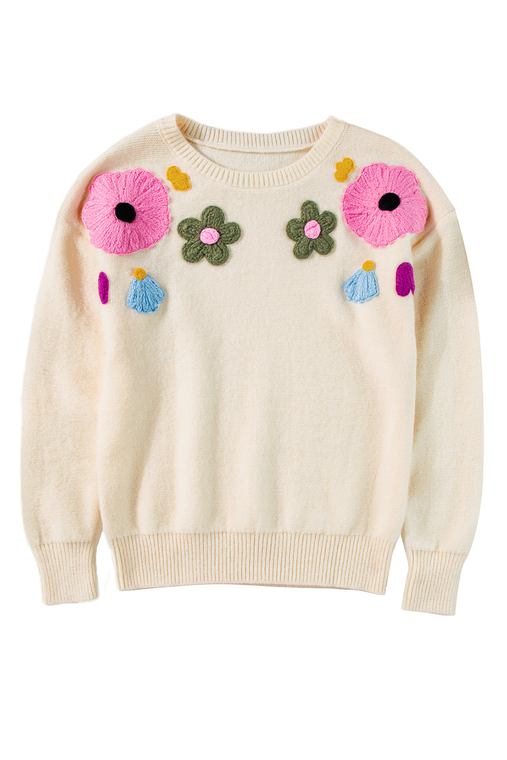 Pink Knitted Flower Pattern Ribbed Edge Sweater - loveforevers