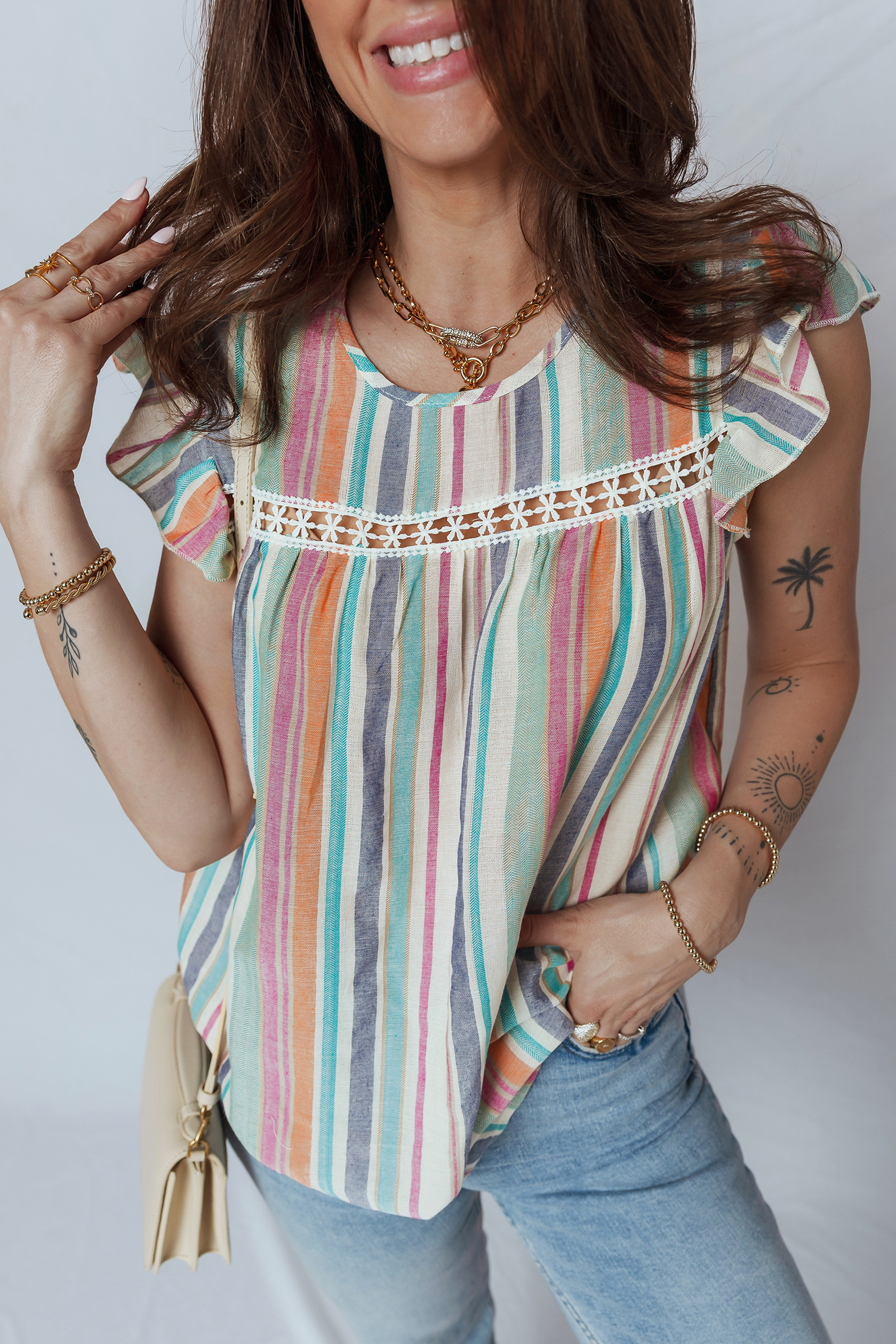 Light Blue Lace Hollow-out Insert Flutter Sleeve Striped Blouse - loveforevers