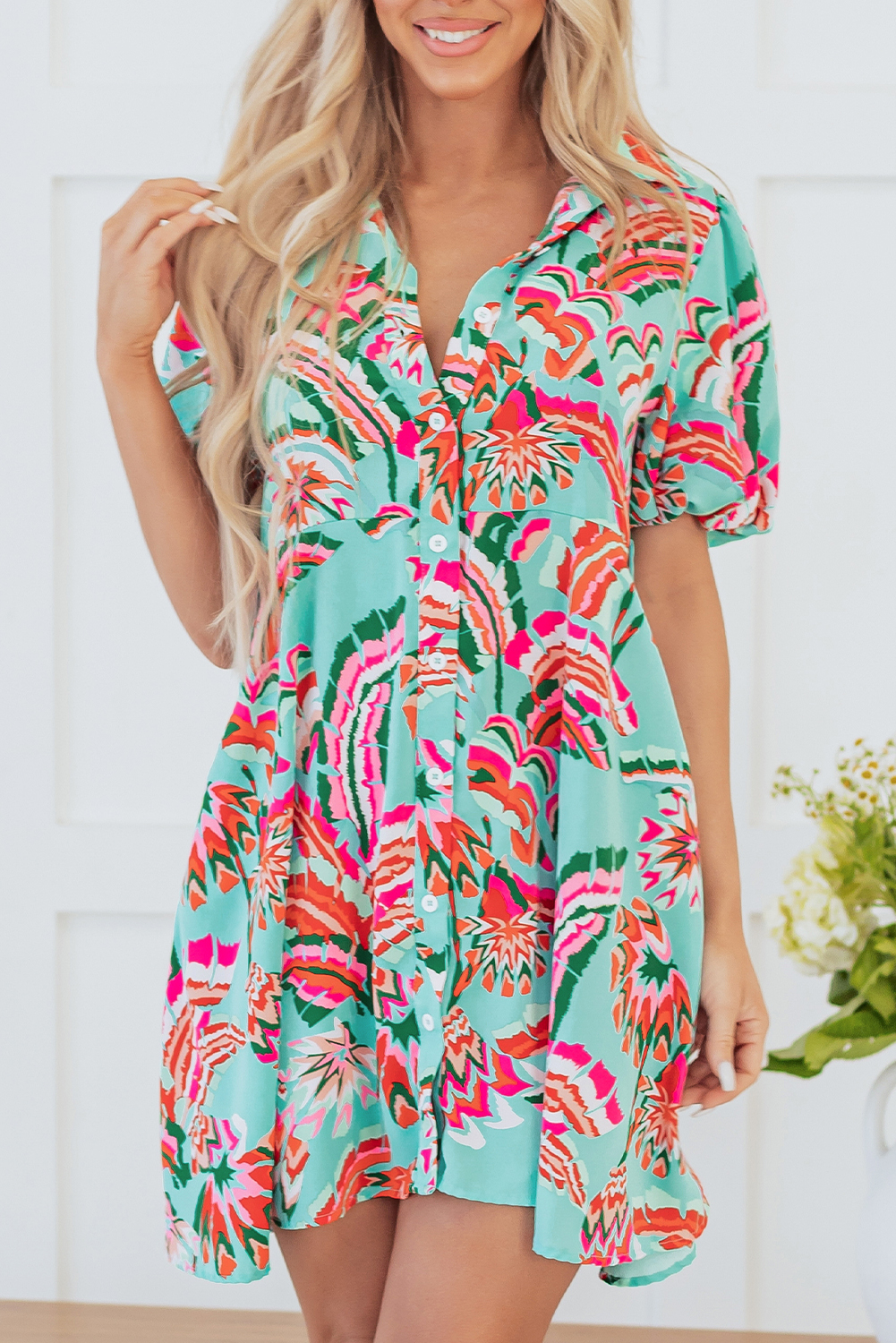 Green Abstract Print Lace-up High Waist Buttoned Mini Dress - loveforevers
