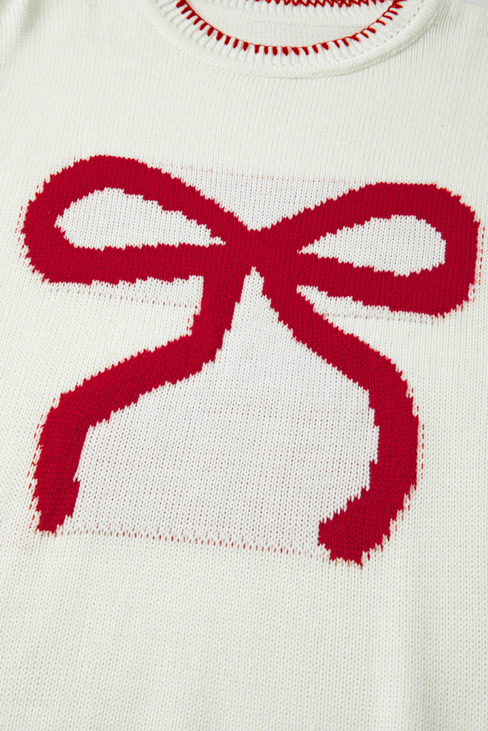 White Bow Pattern Contrast Trim Christmas Loose Graphic Sweater - loveforevers