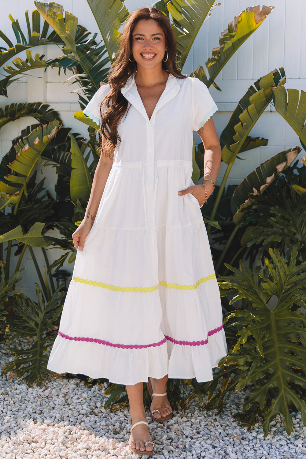 White Colorblock Rickrack Trim Short Sleeve Drawstring Waist Long Dress - loveforevers