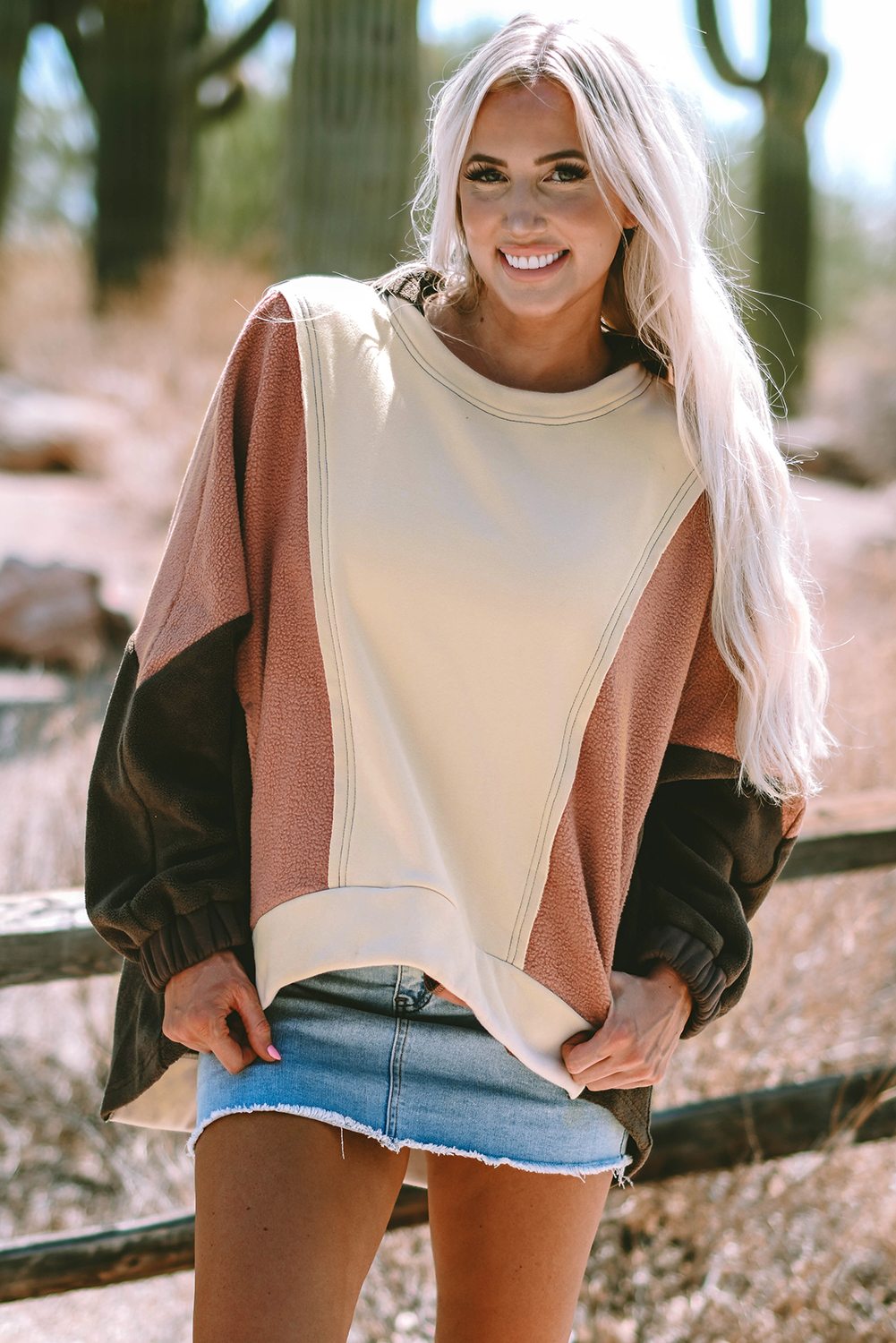 Beige Oversized Color Block Patchwork High Low Hoodie - loveforevers