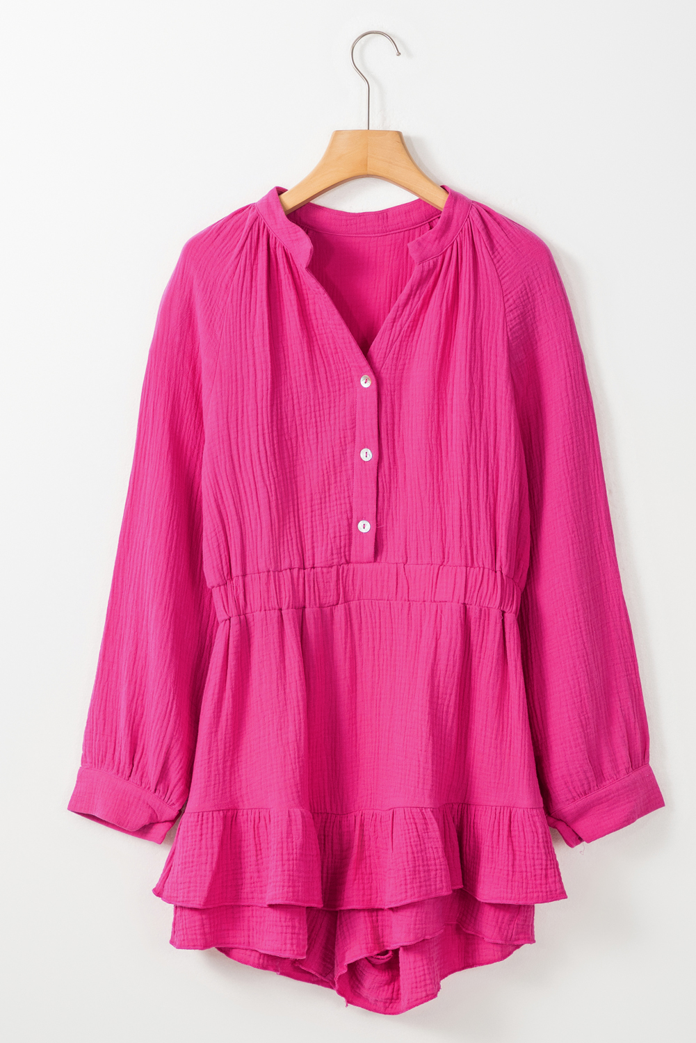 Rose Textured Tiered Ruffled Buttoned Long Sleeve Romper - loveforevers