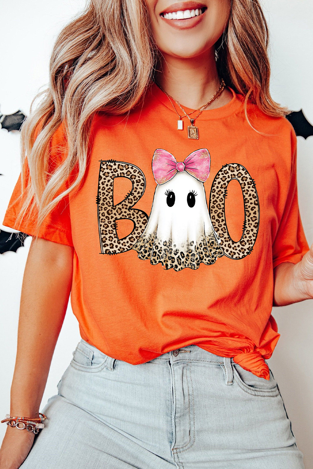 Orange BOO Leopard Letter Print Halloween Ghost T Shirt - loveforevers