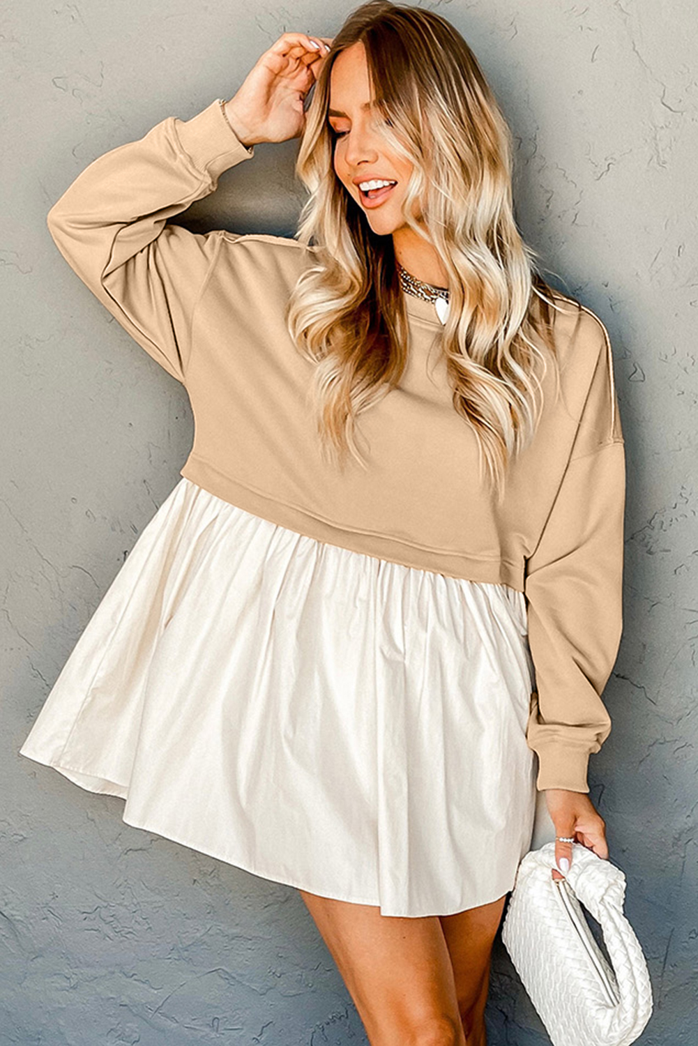 Pale Khaki Sweatshirt Poplin Mini Dress - loveforevers
