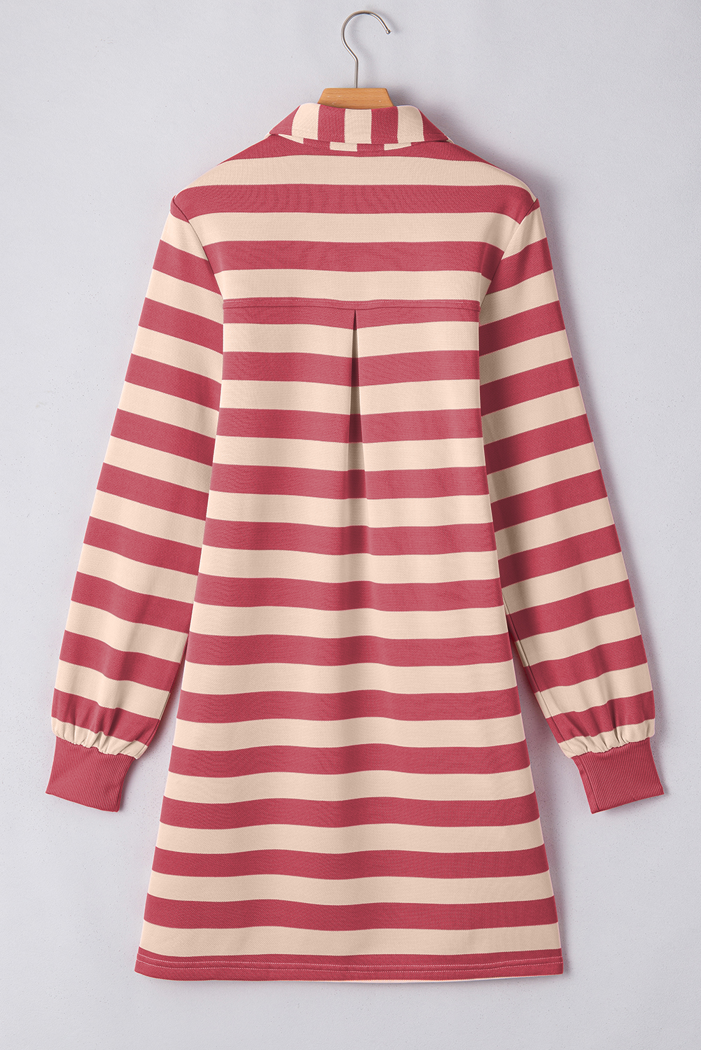 Khaki Stripe Collared V Neck Long Sleeve Loose Casual Dress - loveforevers