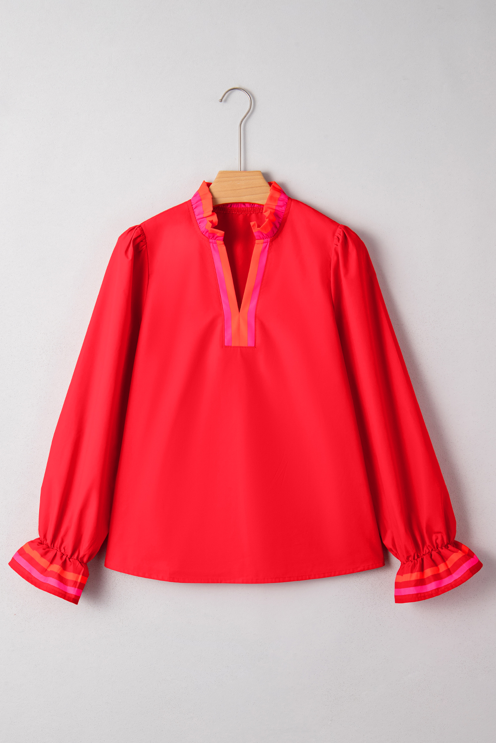 Four Leaf Clover Striped Trim Ruffle Split Neck Long Sleeve Blouse - loveforevers