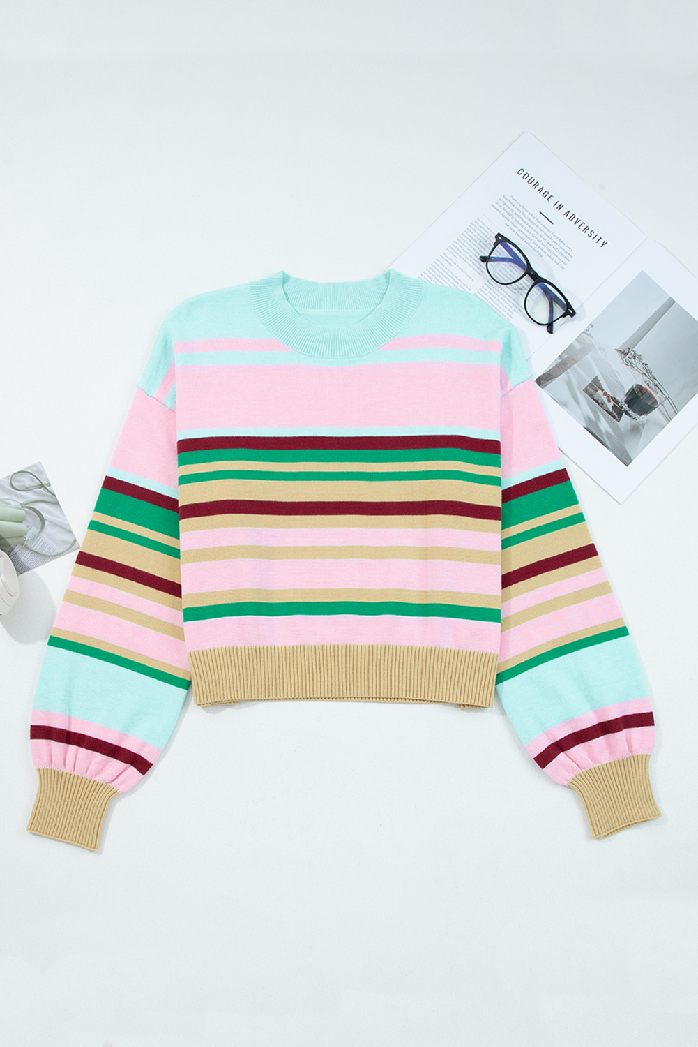 Multicolour Striped Knit Ribbed Trim Boxy Fit Cropped Sweater - loveforevers
