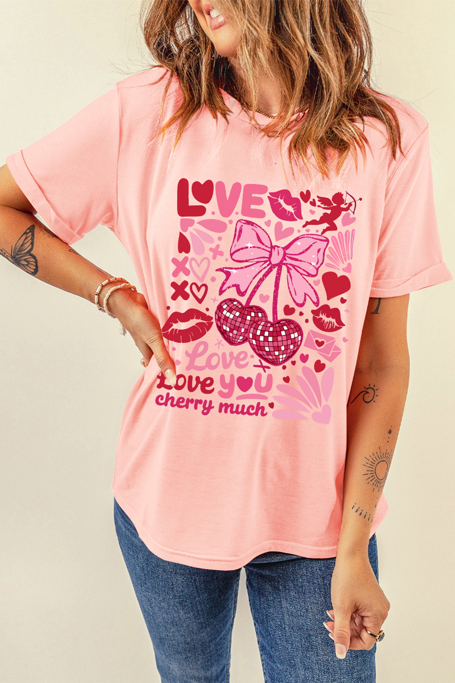 Pink Love You Cherry Much Valentines Day Graphic Tee - loveforevers