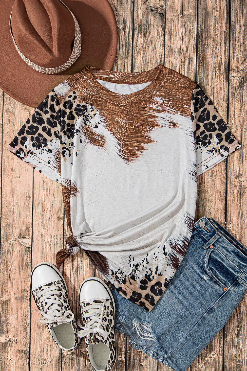 Chestnut Western Leopard Bleached Print Crew Neck T Shirt - loveforevers