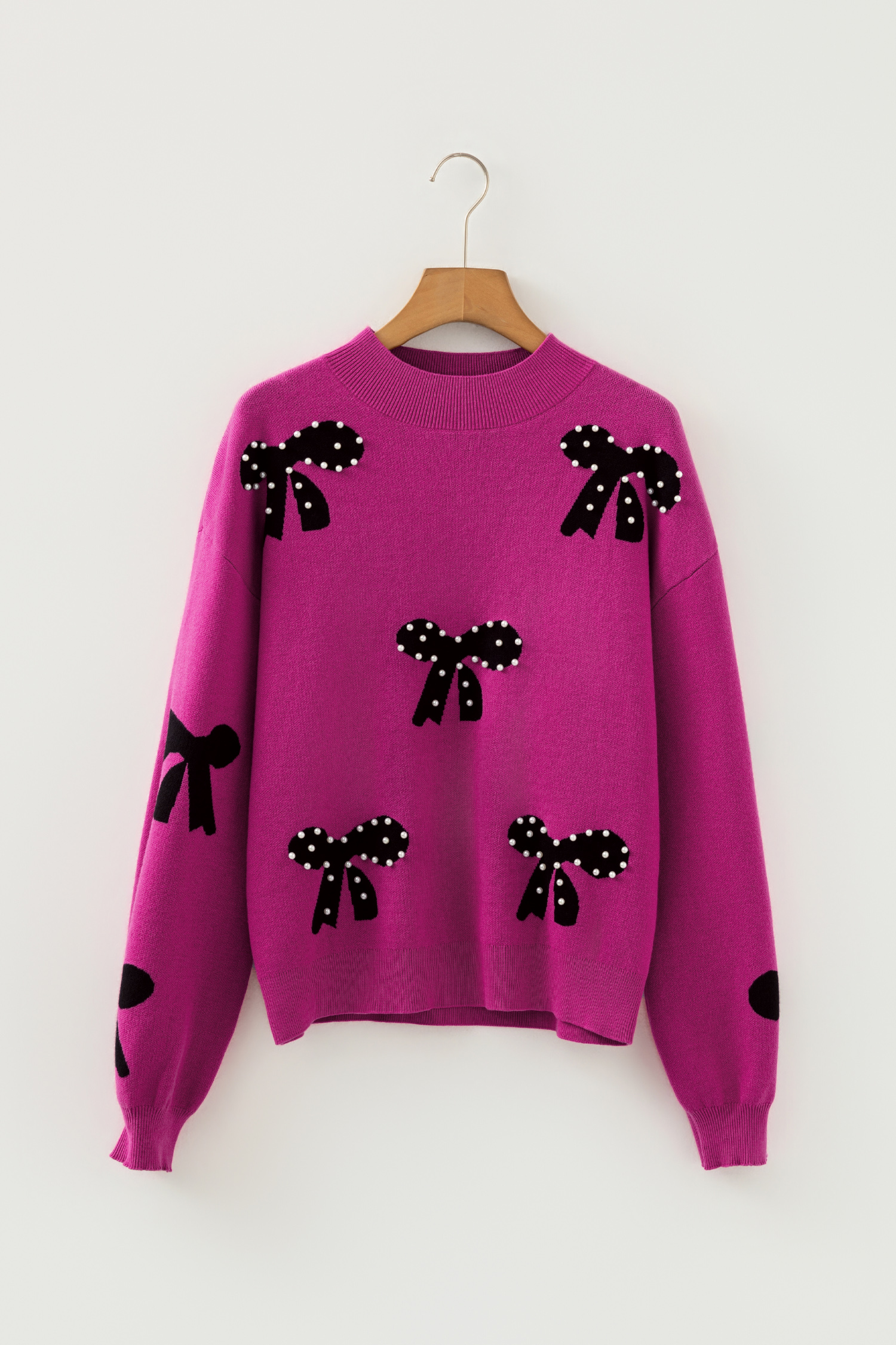 Bright Pink Pearl Embellished Bow Pattern Loose Sweater - loveforevers
